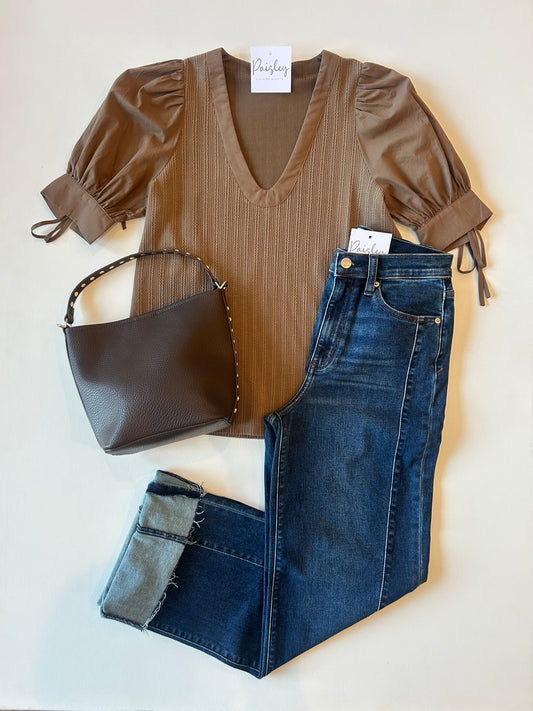 Taupe Contrast U Neck Knit Top