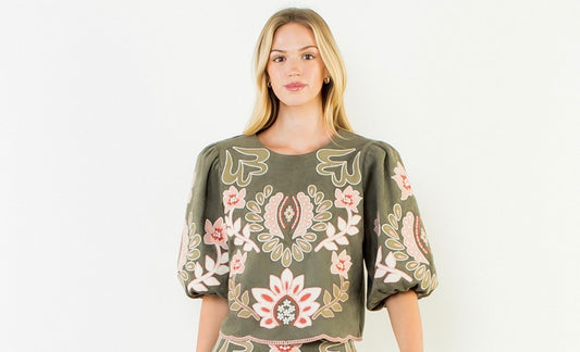Suede Embroidered Flower Top