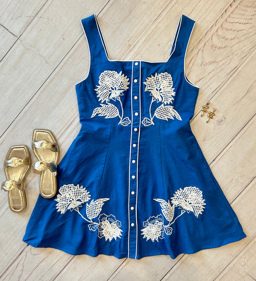 Blue Embroidered Mini Dress