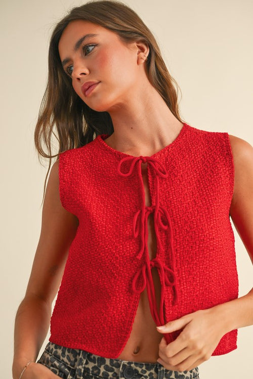 Red Knitted Front Tie Cardigan