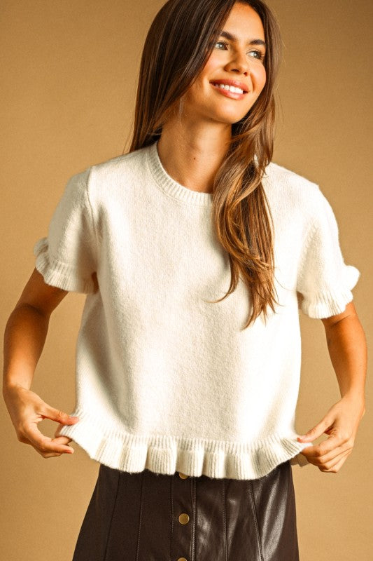 Ruffle Hem Short Sleeve Sweater