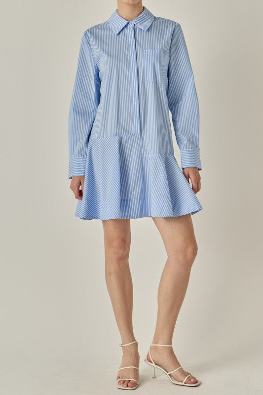 Stripe Collar Flared Skirt Dress