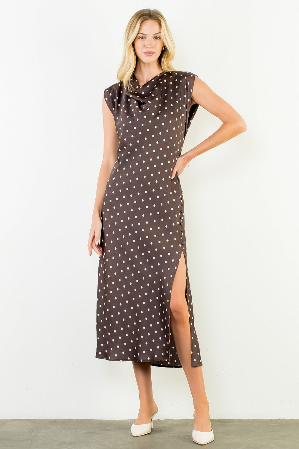 Emma Cowl Neck Polkadot Dress