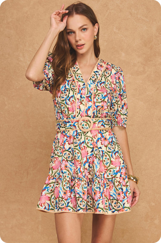 Ivory Multicolored Detailed Mini Dress
