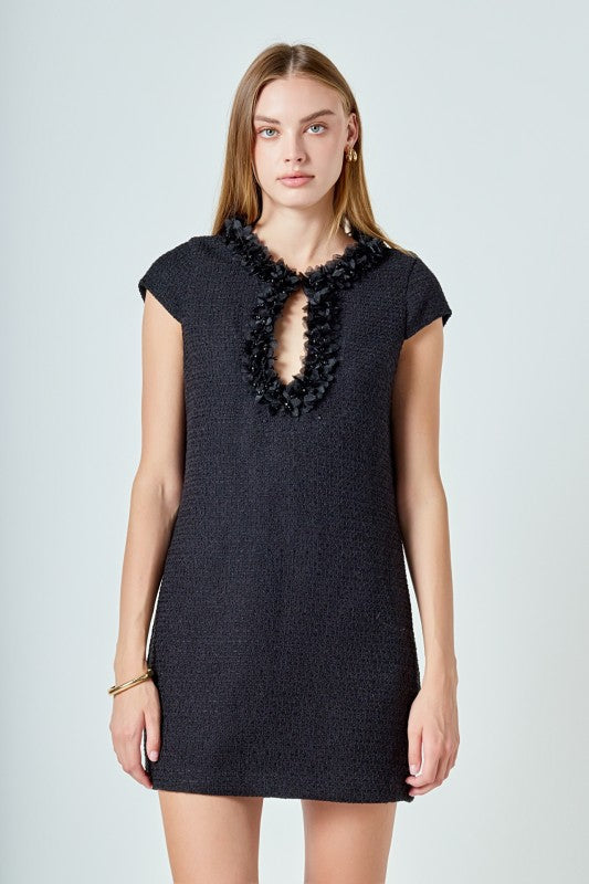 Black Tweed Shift Dress With Floral Trim