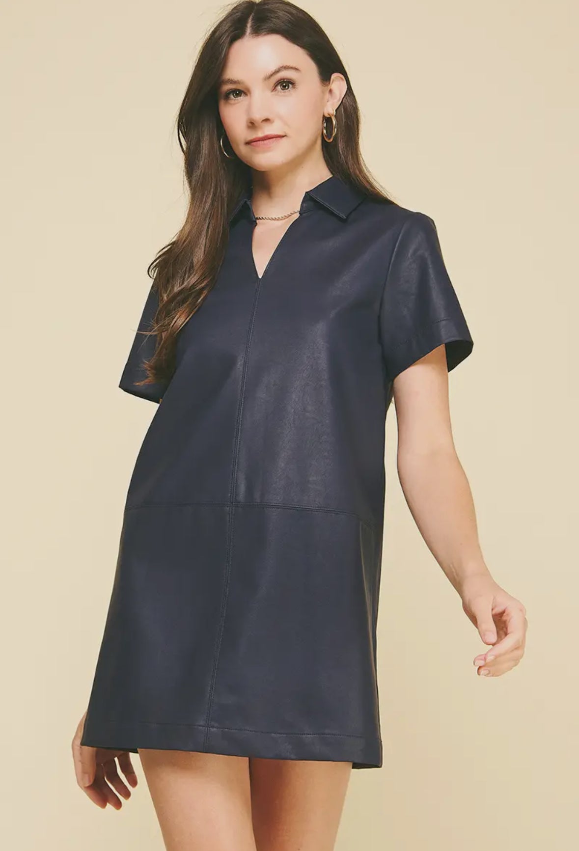 Navy Leather Tunic Mini Dress