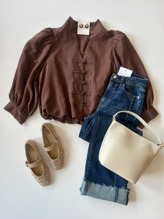 Brown Bubble Hem Blouse