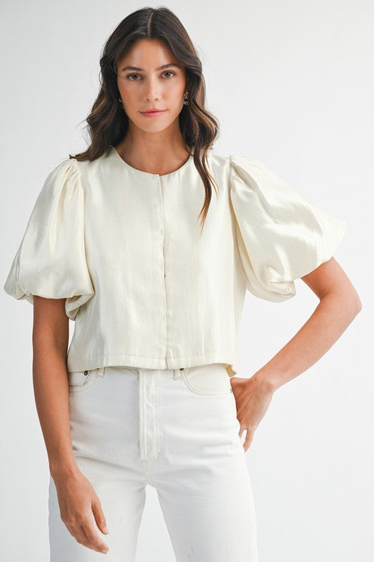 Cream Satin Puff Sleeve Top