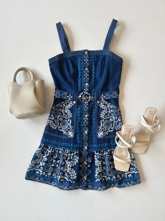 Navy Printed Sleeveless Mini Dress