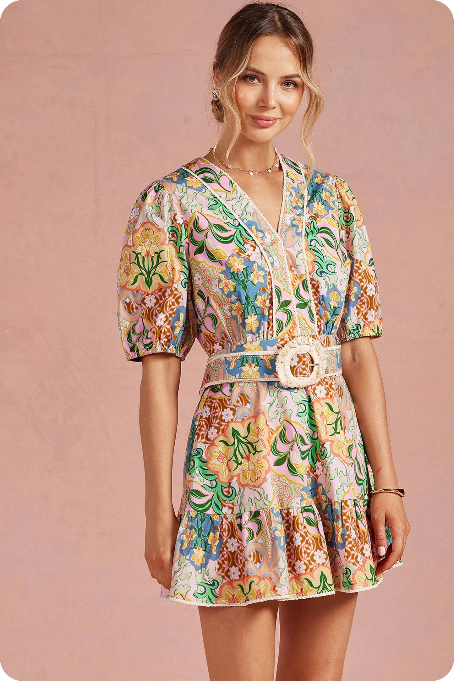 Garden Party Puff Sleeve Belted Cotton Dress