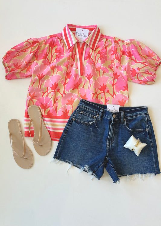 Striped Blossom Collar Top