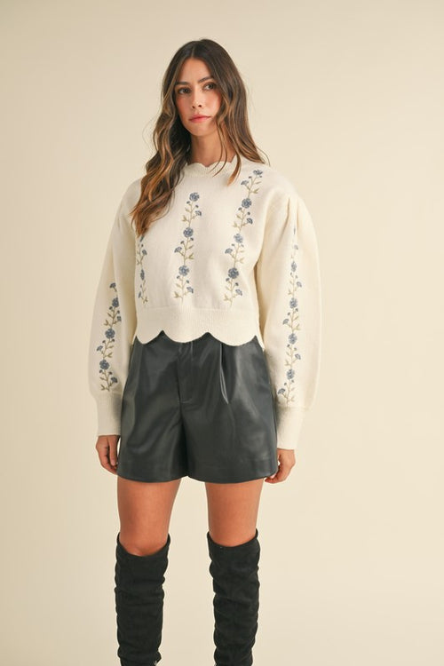 Scalloped Floral Embroidered Sweater