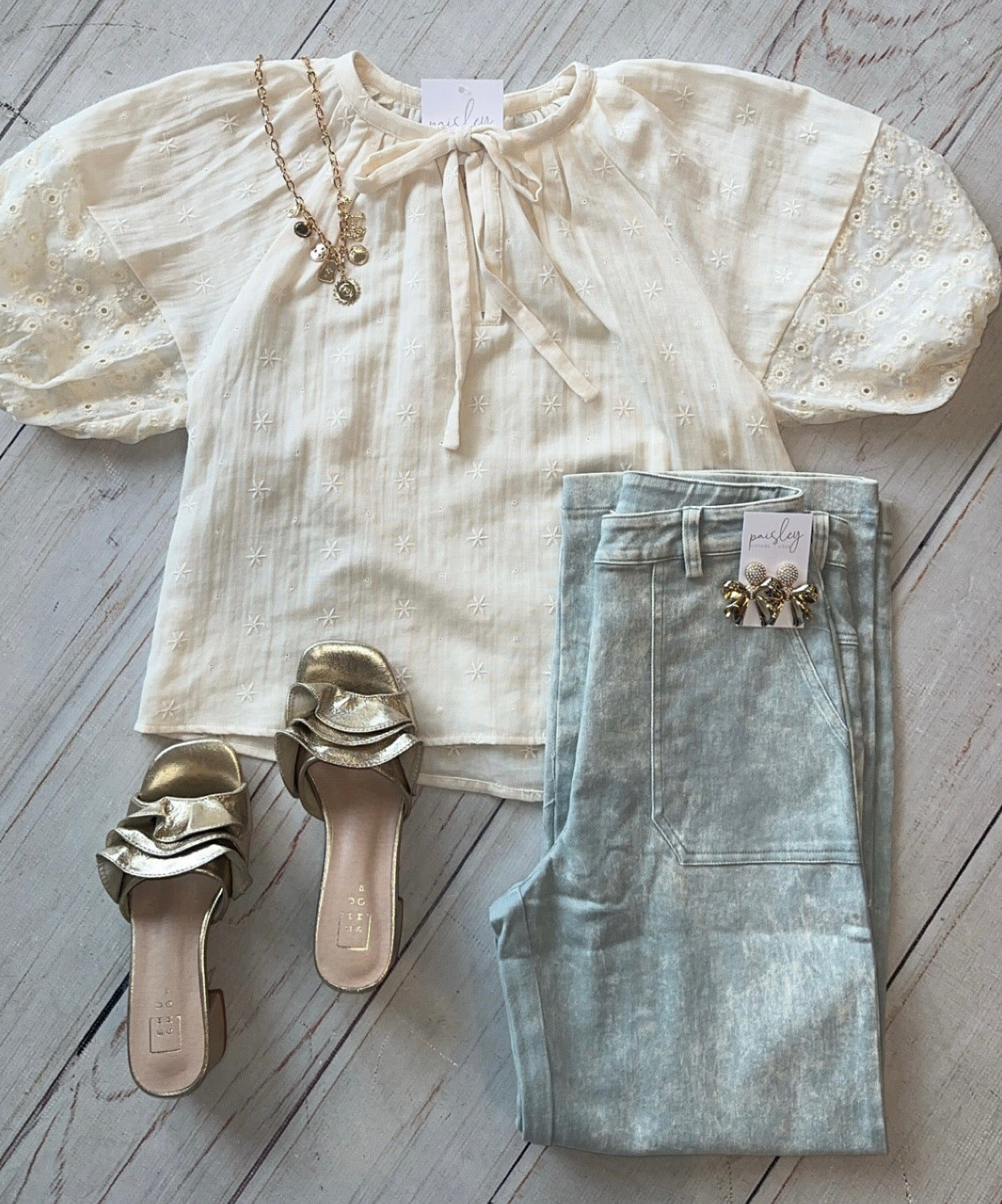 Front Tie Puff Sleeve Top in Beige