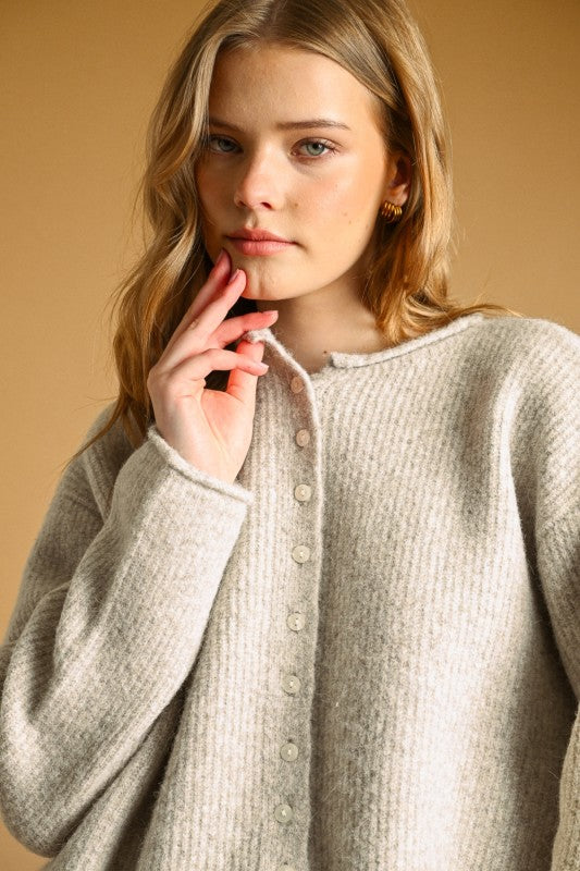 Grey Ribbed Button Up Cardi