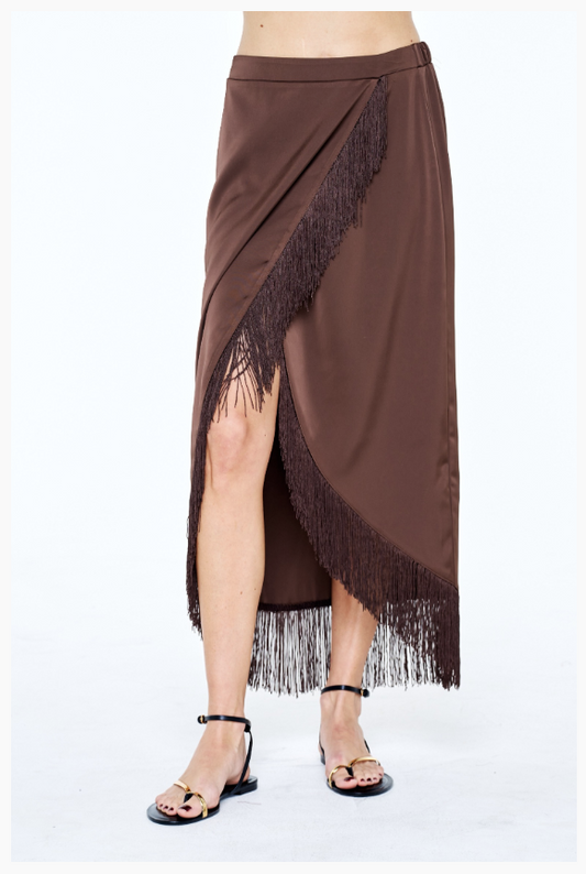 Fringed Satin Wrap Midi Skirt