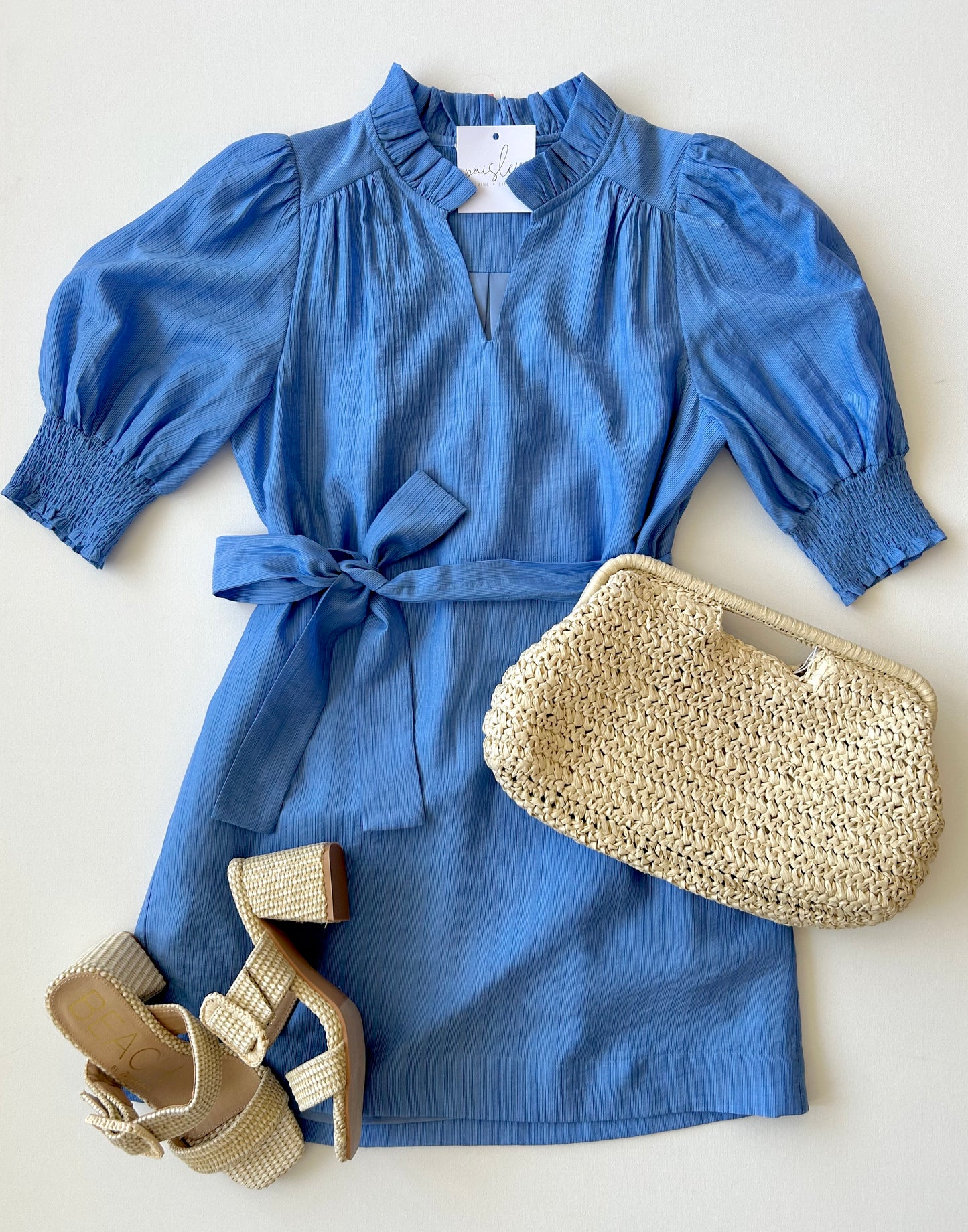 Blue Ruffled Short Sleeve Dress