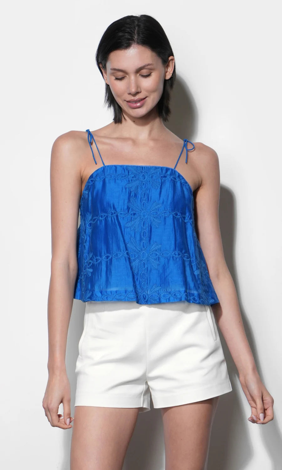 Bailey Embroidered Flounce Top With Tie Shoulder