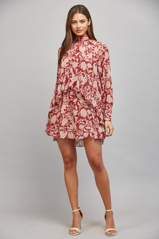 Burgundy Ruffled Floral Print Dress