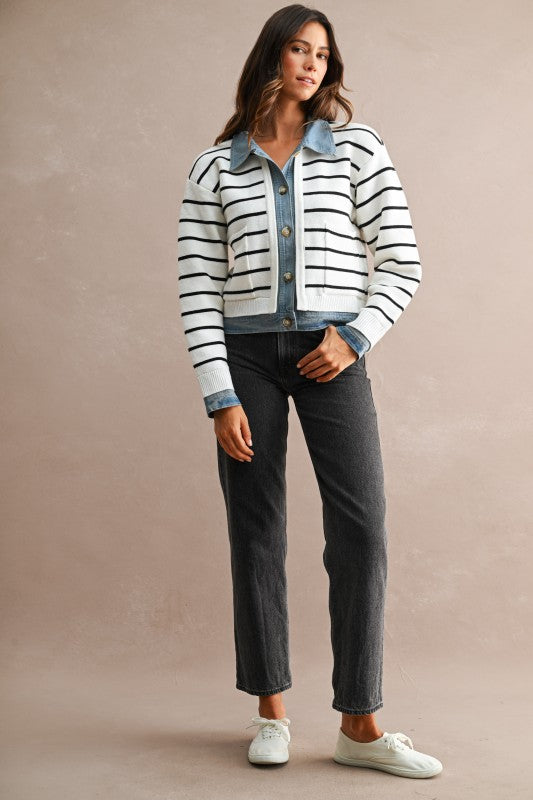 Cream Stripe Knit & Denim Cardigan