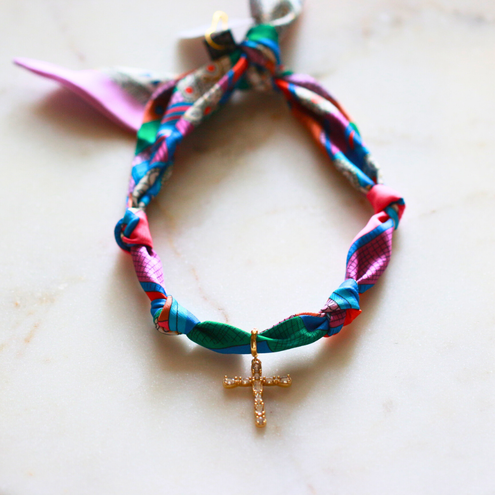 Scarf Necklace ~ Multi Color Pattern: White Heart