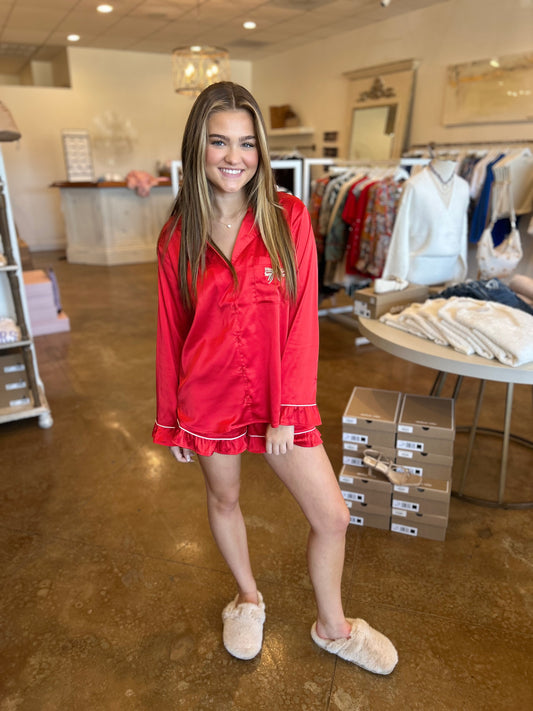 Red Multi-Color Bow Embroidered Christmas Pj Set