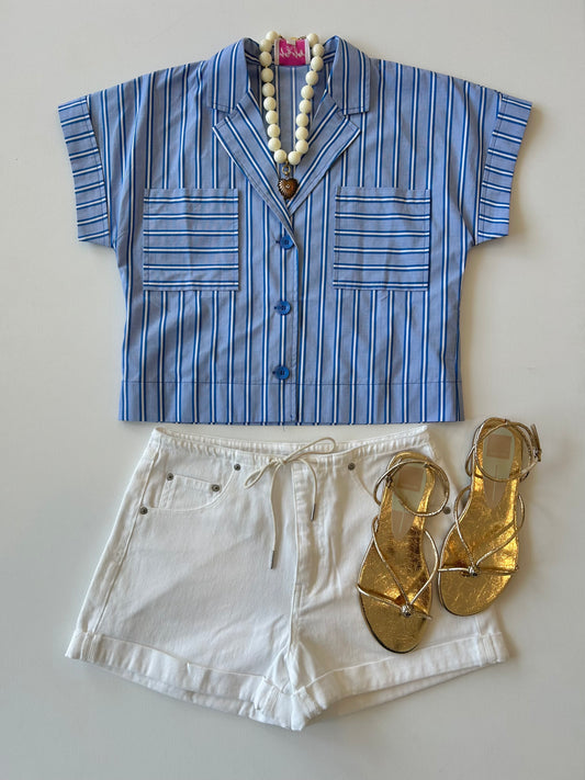 Blue Stripe Pocket Crop Blouse