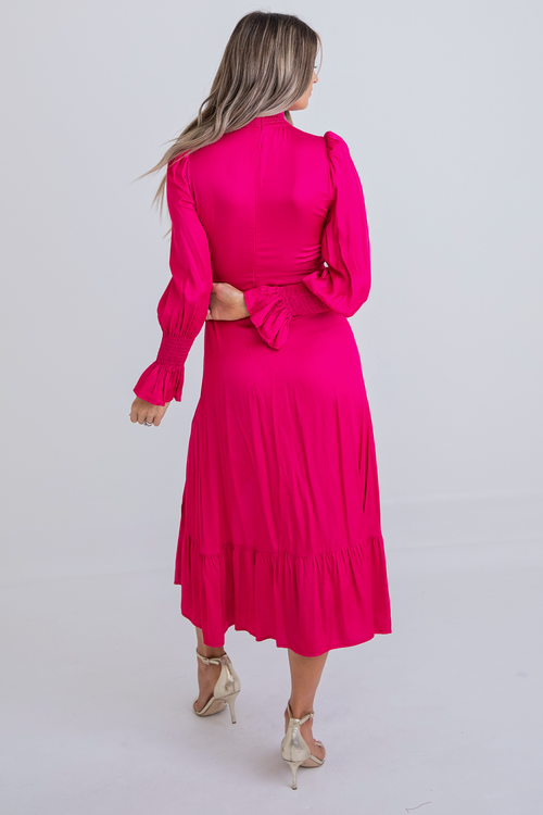 Solid Smock Neck Midi Dress in Fuchsia