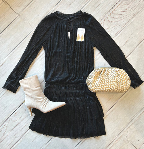 Black Shimmer Long Sleeve Pleated Dress