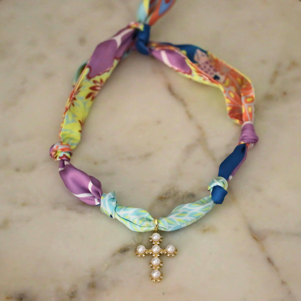 Sunset Garden Scarf Necklace: Cross