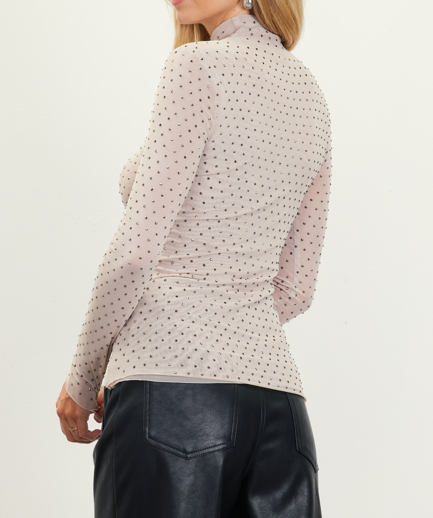 Embellished Mock Neck Top in Beige