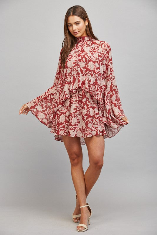 Burgundy Ruffled Floral Print Dress