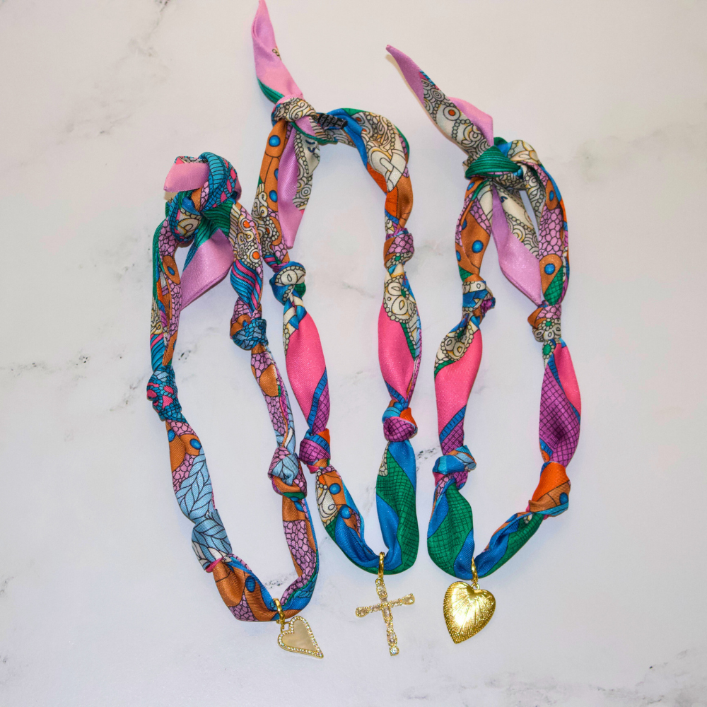 Scarf Necklace ~ Multi Color Pattern: White Heart
