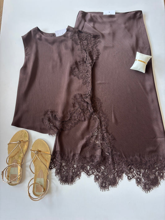 Brown Lace Midi Skirt