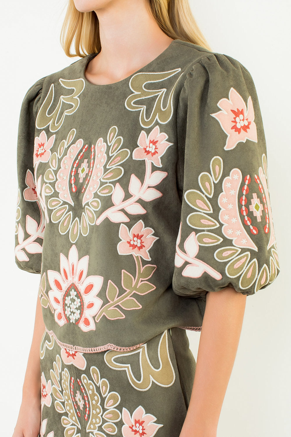 Suede Embroidered Flower Top