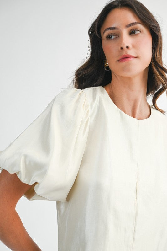 Cream Satin Puff Sleeve Top