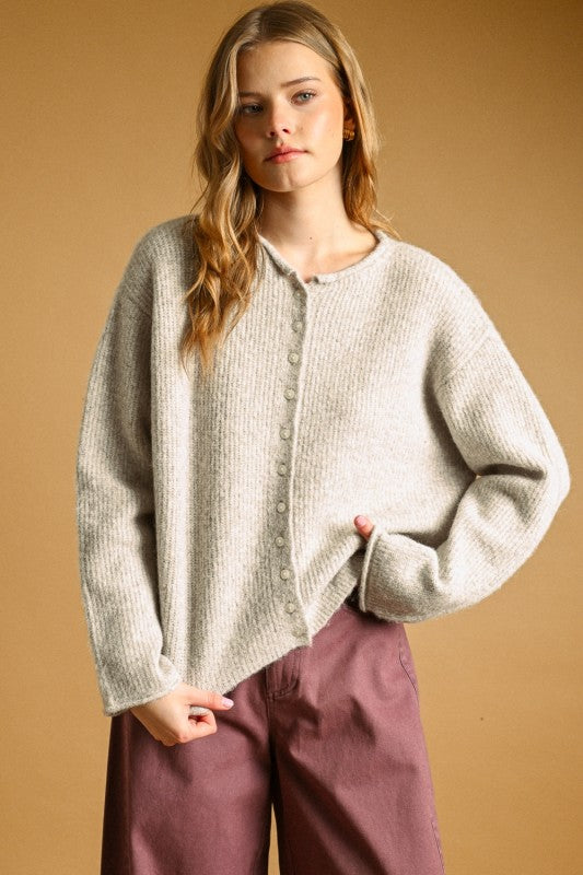 Grey Ribbed Button Up Cardi