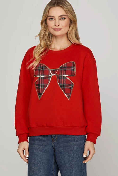 Christmas Plaid Bow Sweatshirt in Red