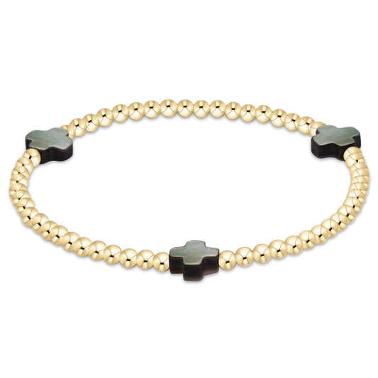 signature cross 3mm gold bracelet -MOP- black tahitian -e.newton