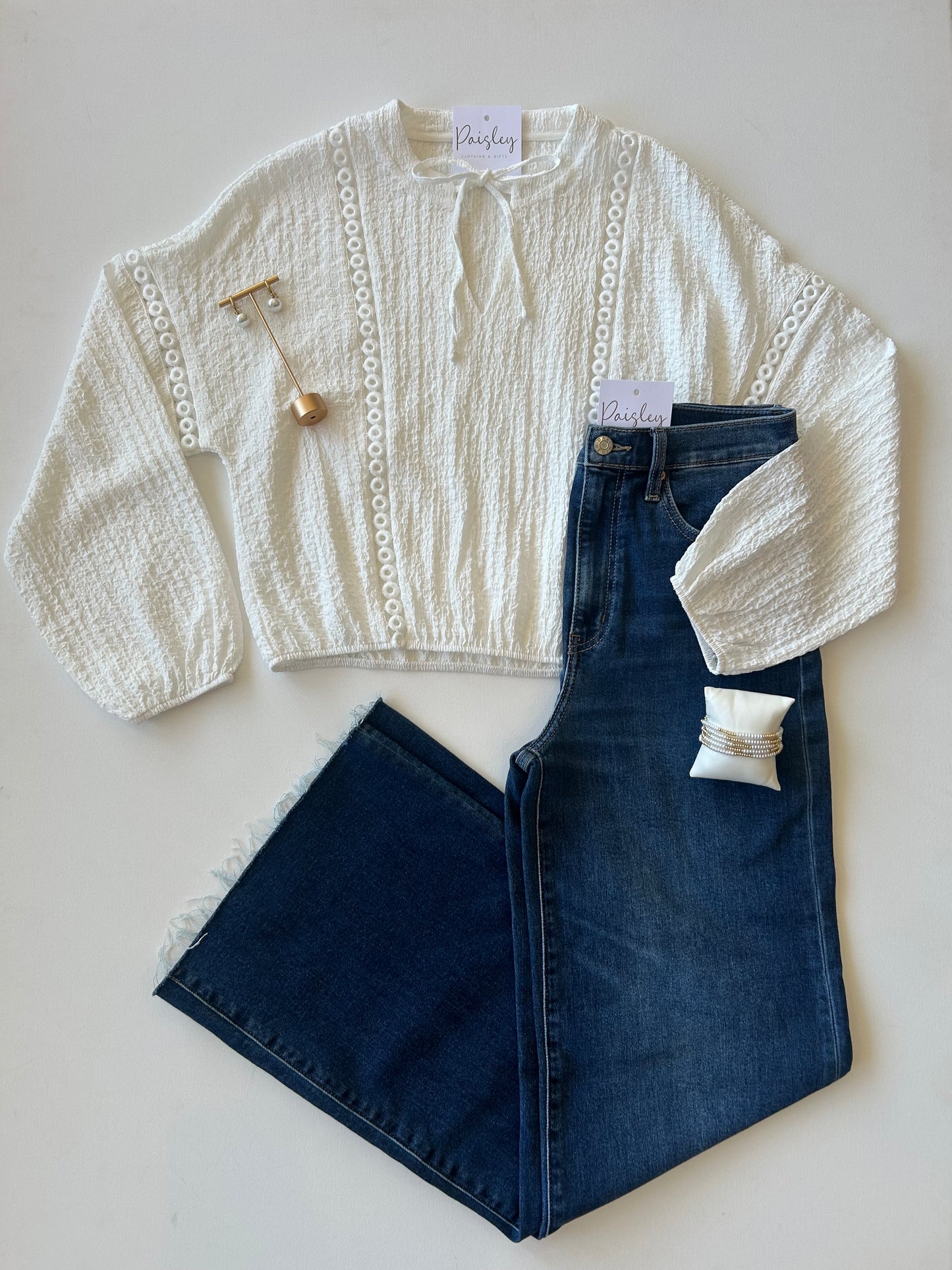 White Lace Insert Textured Blouse