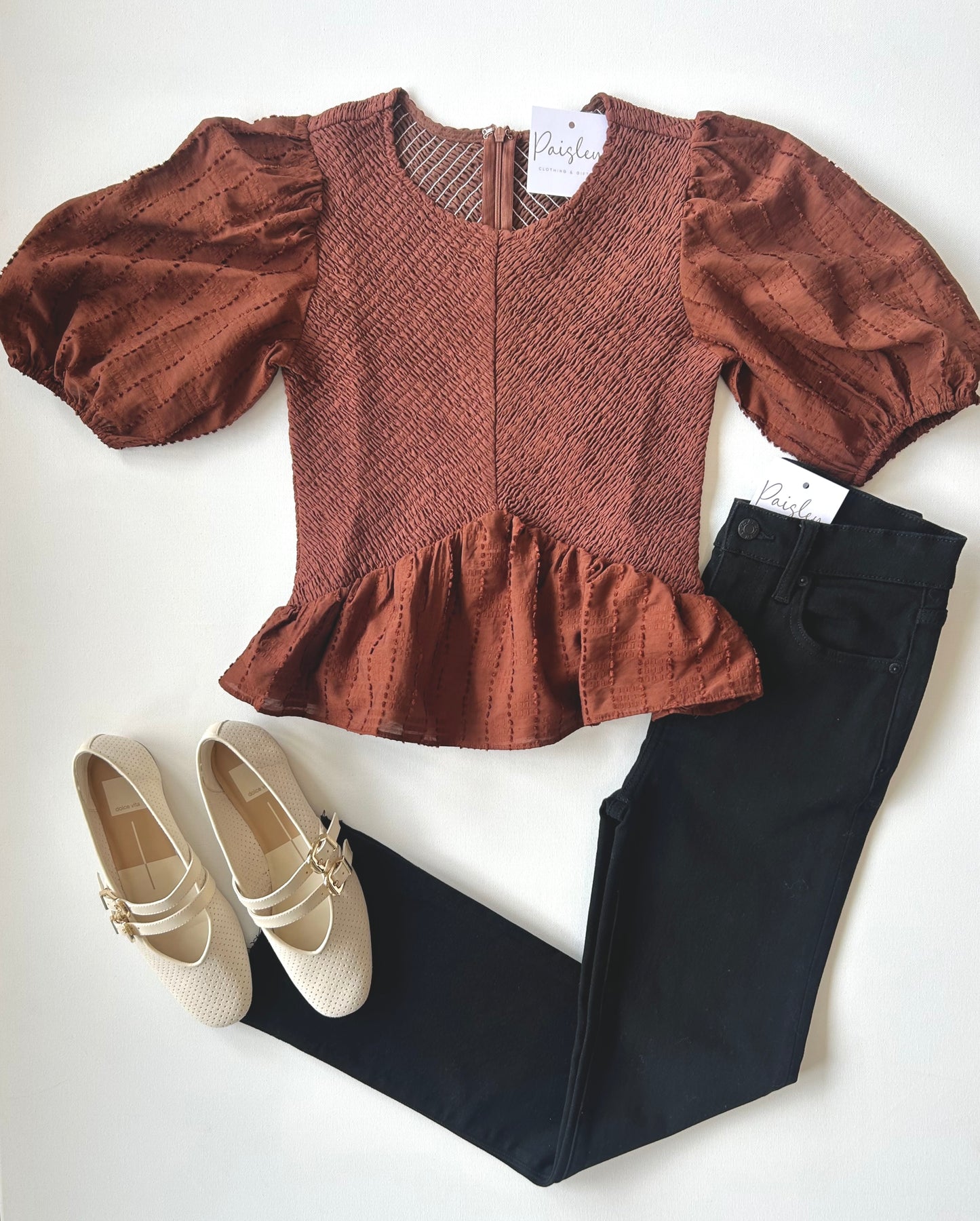 Brown Smocked Peplum Top