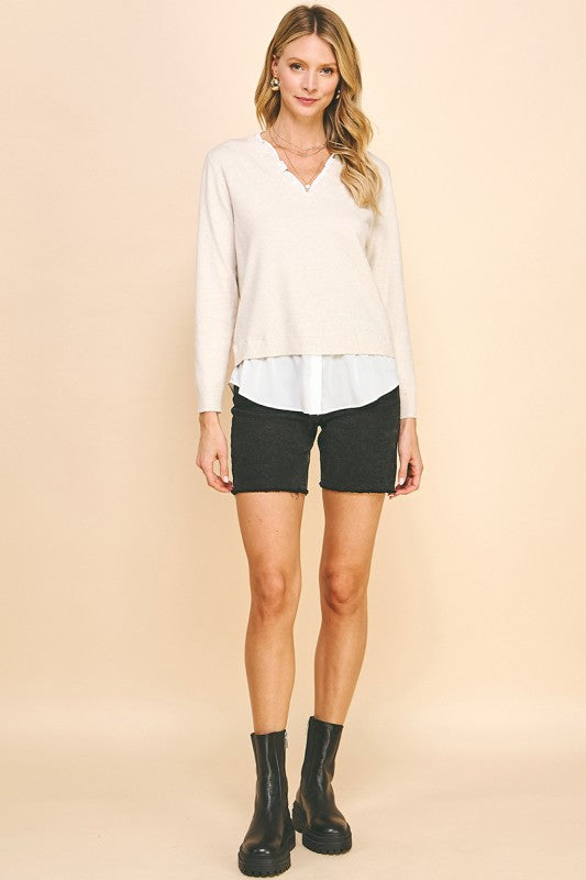 V-Neck Knit Top In Oatmeal