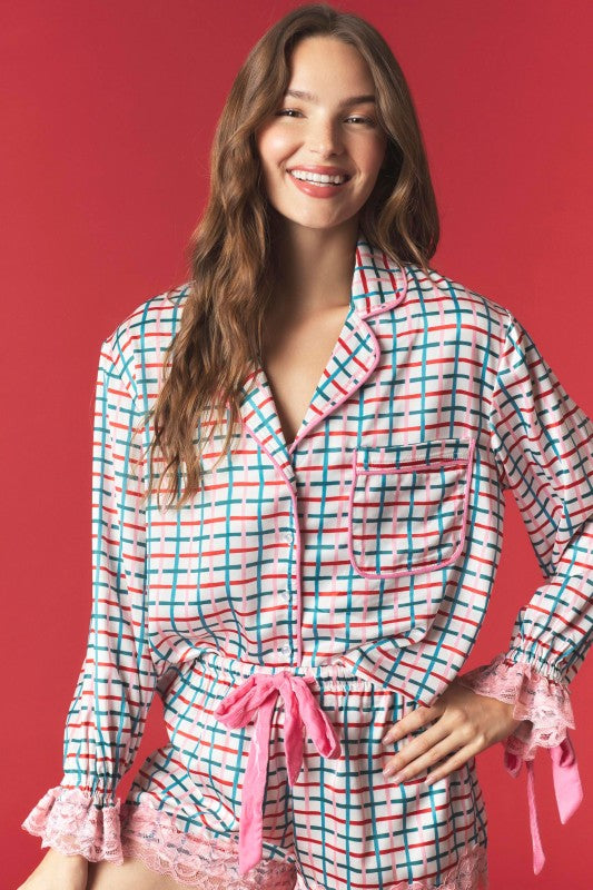 Grid Check Satin & Lace PJ Set