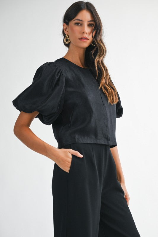 Black Satin Puff Sleeve Top