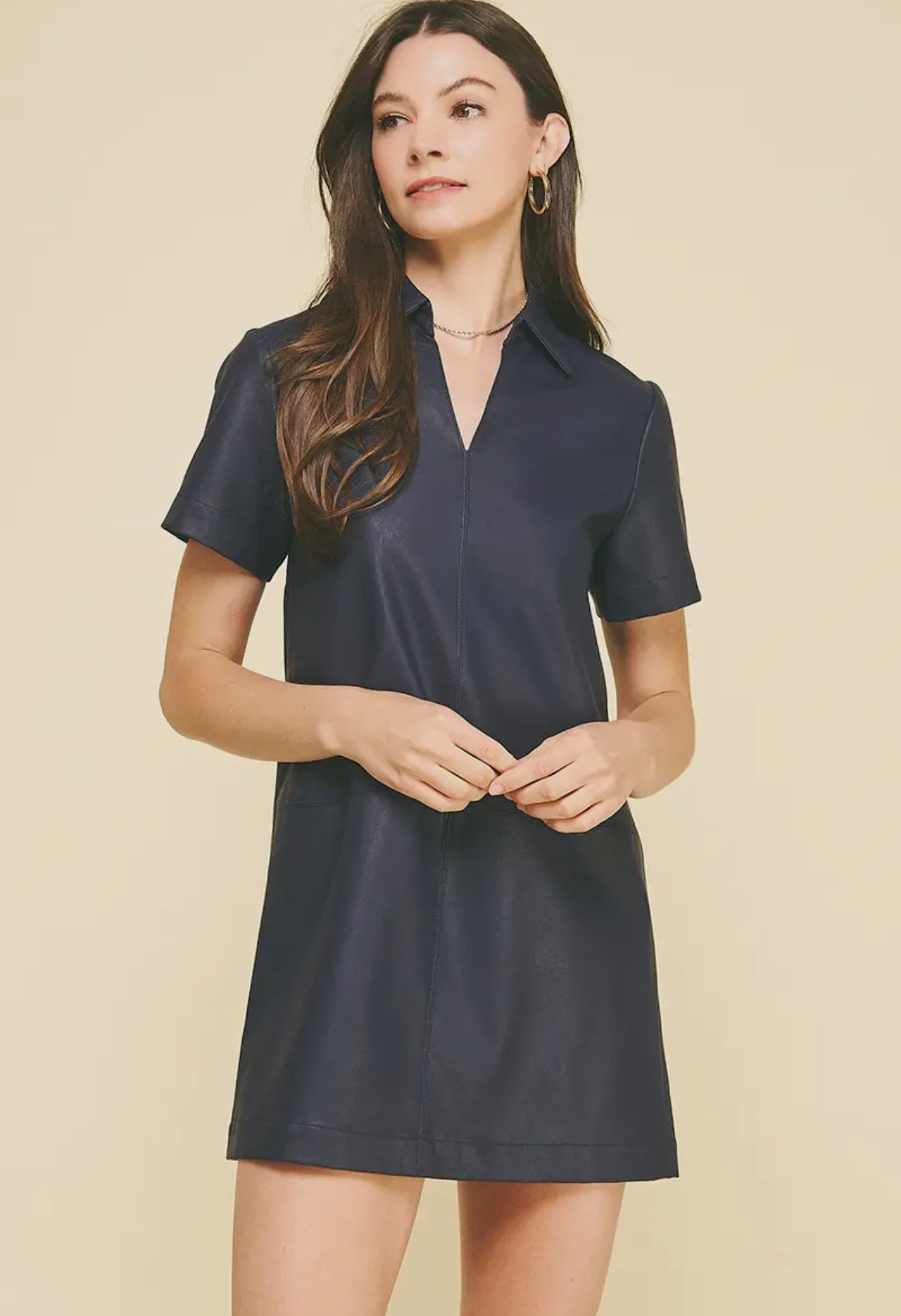 Navy Leather Tunic Mini Dress