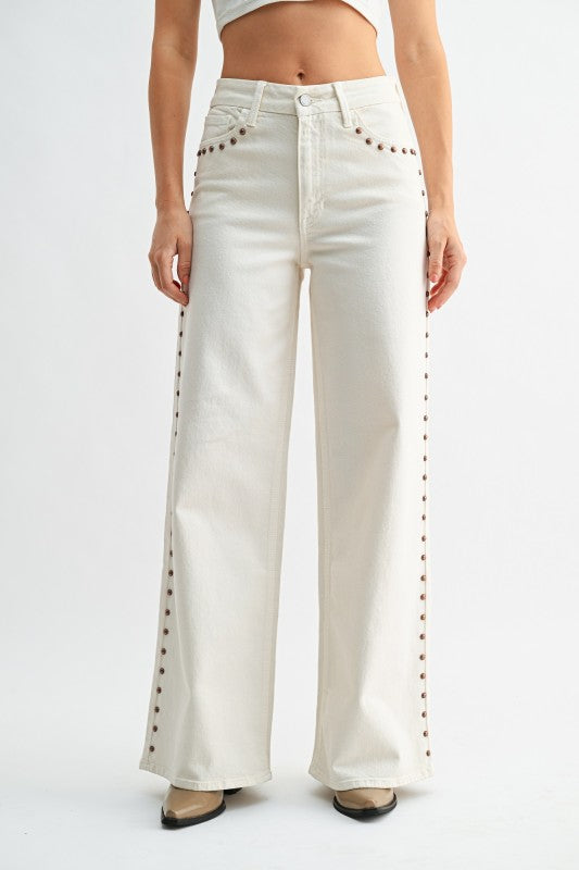 Studded High Rise Cream Jean