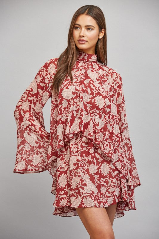 Burgundy Ruffled Floral Print Dress