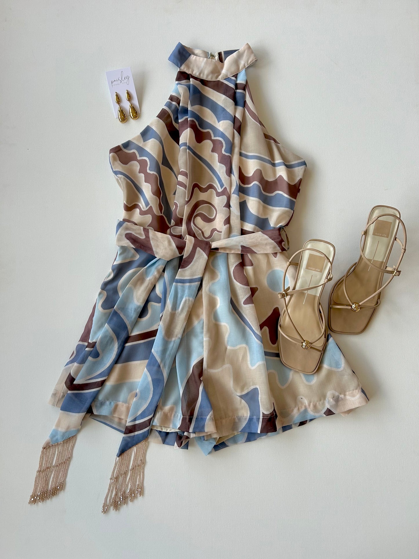 Blue Multi Pleated Sleeveless Romper