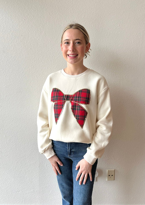 Christmas Plaid Bow Sweatshirt in Cream