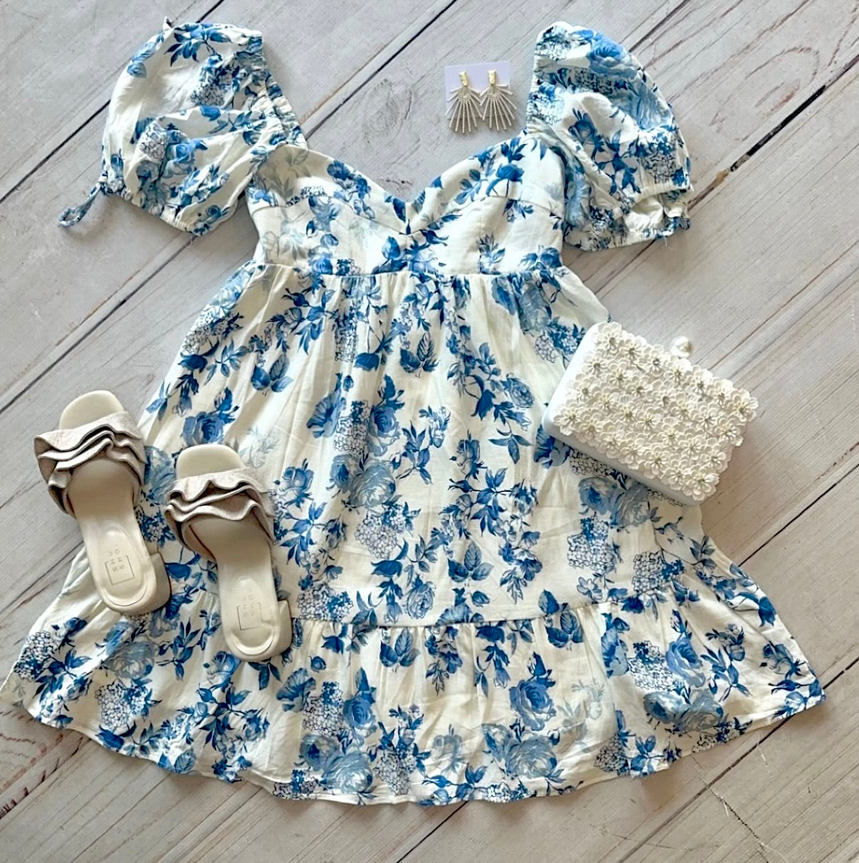 Cream & Blue Floral Babydoll Dress