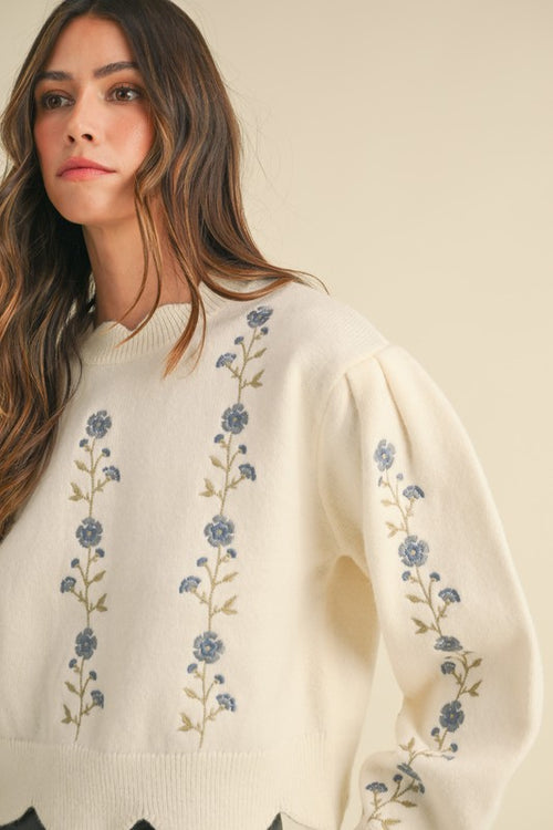 Scalloped Floral Embroidered Sweater